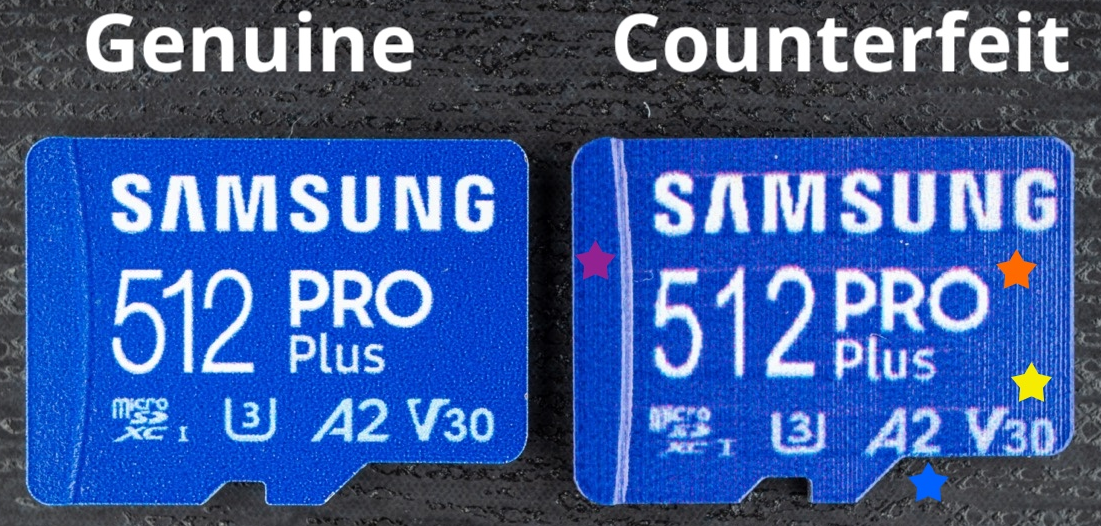 Comparison between a genuine Samsung MicroSD card and a fake Samsung MicroSD card.